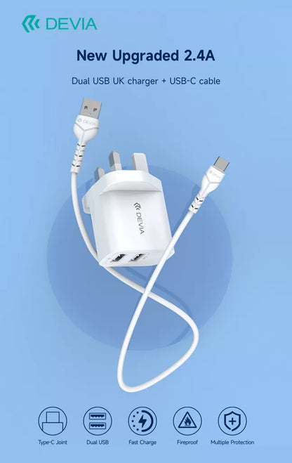 Devia - 2.4A Dual USB Plug & 1m USB-C Cable