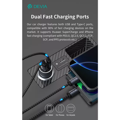 Devia - 30W PD USB-C & Qualcomm 3.0 USB Port Car Adapter & 1.2m USB-C to C Cable